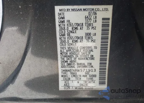 2006 Nissan Titan Se from USA, damaged, VIN 1N6BA07A86N571913